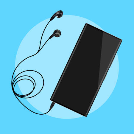 Smartphone with blank screen connects to earphones with spiral cable blue background. Vectorのイラスト素材
