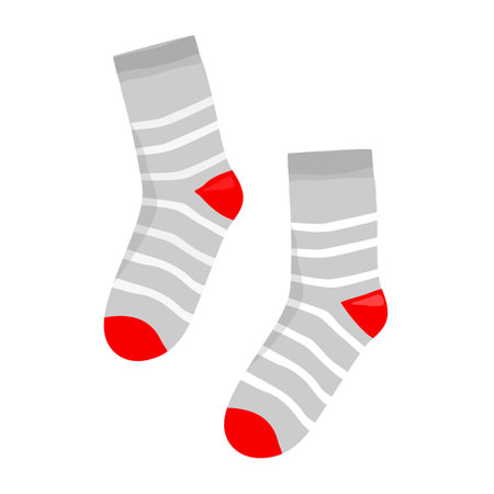Vector illustration flat design colorful socks isolated on white background. Textile warm clothes socks pair cute decoration wool winter clothing. Sport season collection.のイラスト素材