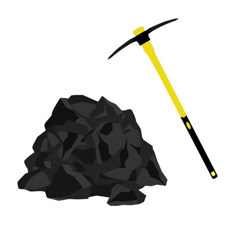 Pile of charcol isolated on white background. Lump of coal with pickaxe. Graphite coal. Vector illustrationのイラスト素材