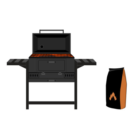BBQ Barbecue grill with hot coal and charcoal paper bag. Charcoal grill. Vector illustrationのイラスト素材