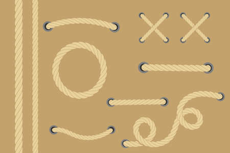 Nautical rope collection. Round and square rope frames, cord borders. Sailing vector decoration elements. Rope marine, nautical border, cord round, twisted string knotのイラスト素材