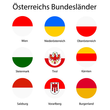 Vector icon set, collection Austria federal states flags. Burgenland, Vorarlberg, Salzburg, Tyrol, Carinthia, Styria, Lower and Upper Austria.のイラスト素材