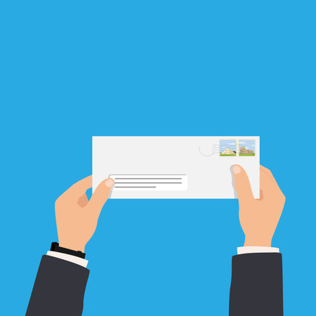 Man's hand holding envelope isolated on blue background. Close up. Vectorのイラスト素材