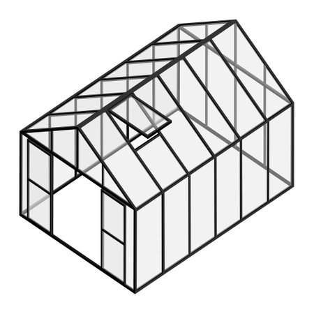 Empty greenhouse with opened window and door isometric view isolated on white background. Glass house.のイラスト素材