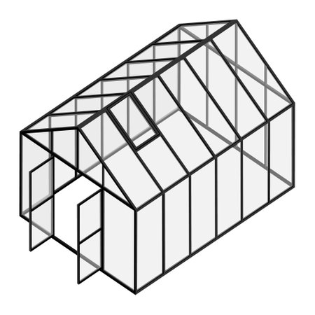 Empty greenhouse with opened door and closed window isometric view isolated on white background. Glass house.のイラスト素材
