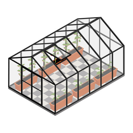 Greenhouse at an organic farm. Growing tomatoes isometric view. Glass house.のイラスト素材