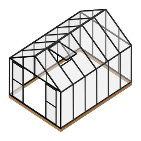 Empty greenhouse with opened window and door isometric view isolated on white background. Glass house.のイラスト素材