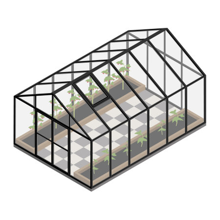 Greenhouse at an organic farm. Growing tomatoes isometric view. Glass house.のイラスト素材