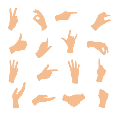Gesturing hands. Hand with counting gestures, forefinger sign. Open arm showing signal and handshake, interactive communication setのイラスト素材