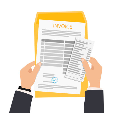 Invoice payment concept. Invoice form with paper documents and calculator. Pay the bills, invoices, payrolls. Vectorのイラスト素材