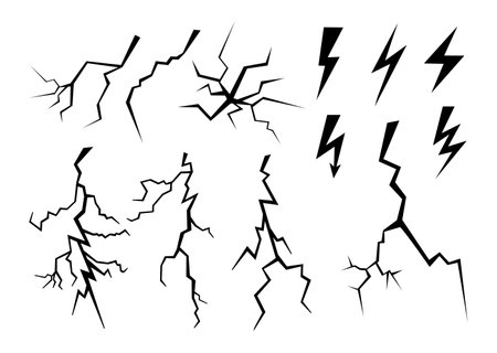 Set of lightnings isolated on white background. Collection of black natural phenomena of lightning or thunder. Bright light effects. Vectorのイラスト素材
