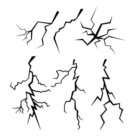 Set of lightnings isolated on white background. Collection of black natural phenomena of lightning or thunder. Bright light effects. Vectorのイラスト素材