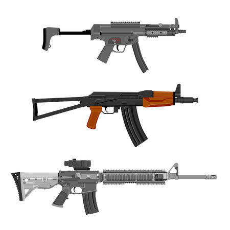 Weapon collection. Vector illustration Kalashnikov machine gun aksu, m-16 and mp5 isolated on white background.のイラスト素材