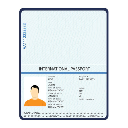 Passport with biometric data. Identification Document. international passport template with sample personal data pageのイラスト素材