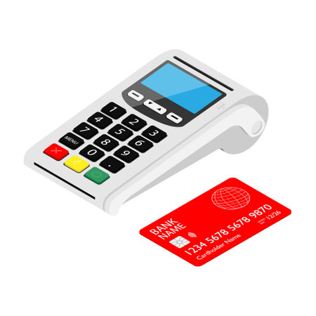 POS Terminal payment machine and bank credit card isolated on white background.のイラスト素材