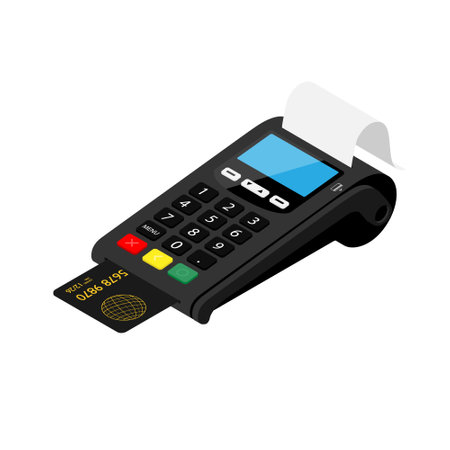 New smart POS terminal payment machine with bank credit card isolated on white background.のイラスト素材