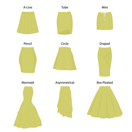 Set of different types of skirts. A-line, tube, mini, pencil, circle, draped, mermaid, asymmetrical and box pleatedのイラスト素材