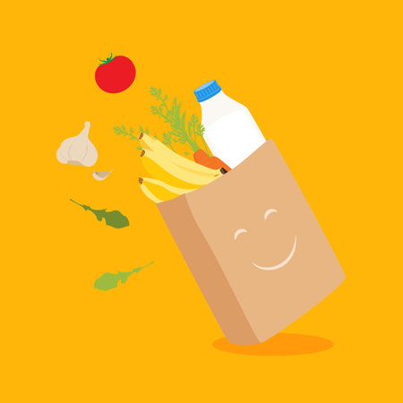 Grocery delivery at home: full shopping bag with fresh vegetables and fruits, food and beverage. Eco shopping bag. Paper bag with fruits and vegetables. Shopping vector conceptのイラスト素材