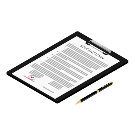 Student loan application form on clipboard and pen isometric view isolated on white background. Vectorのイラスト素材