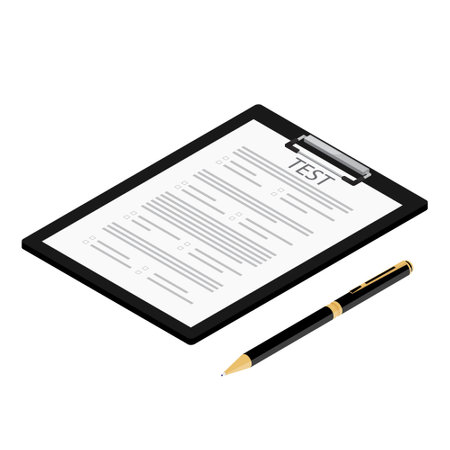 Survey or exam form paper document and ballpoint pen. Education test concept. Vector. Isometric viewのイラスト素材
