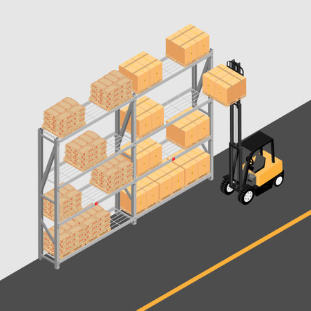 Warehouse interior with shelves, pallets, forklift and boxes. Logistic Delivery Service Conceptのイラスト素材