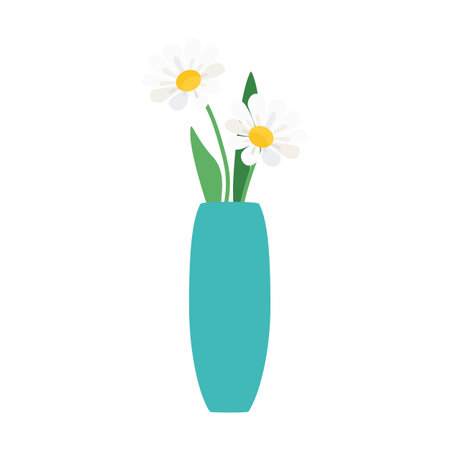 Chamomile flower in vase isolated on white background. Colored vase with blooming flowers for decoration and interior. Vector illustrationのイラスト素材