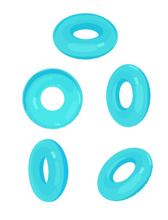 Blue inflatable rings. Isolated rubber ring wheel, pool toys swim sea balloons  circle lifebuoy for floater swimming buoy tube summer vector illustration. Inflatable rubberのイラスト素材