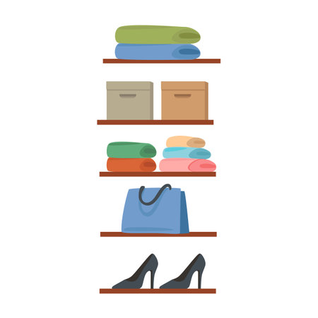 Stacked clothes, shoes and boxes on shelves. Clothes in wardrobeのイラスト素材