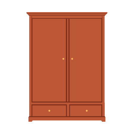 Closed wooden wardrobe. Wood dresser walldrobe, worderobe. For bedroom interior design. Brown flat cabinetのイラスト素材