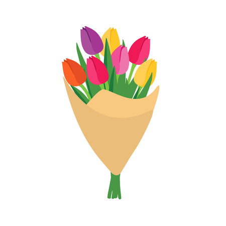 Colorful tulips flower bouquet on isolated white background. Beautiful bunch of spring flowers with long leaves inside bouquet. Vector illustrationのイラスト素材