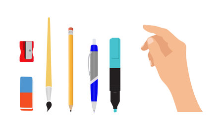 Hands holding stationery tools isolated on white background. Office supplies and school equipment. Pen, pencil, eraser, sharpener and other handwriting tools. Vectorのイラスト素材