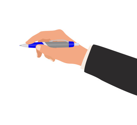 Hand holds pen isolated on white background. Hand with office stationery tool.   Design element. Vector illustrationのイラスト素材