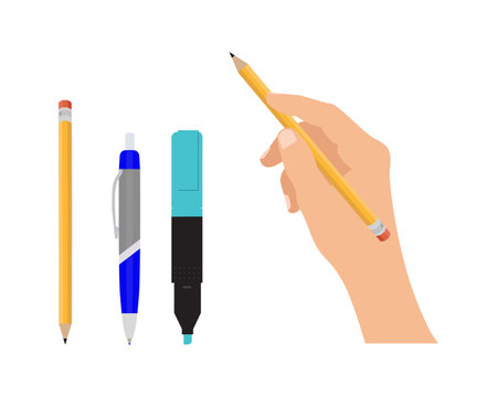 Hands holding stationery tools isolated on white background. Office supplies and school equipment. Pen, pencil, eraser, sharpener and other handwriting tools. Vectorのイラスト素材