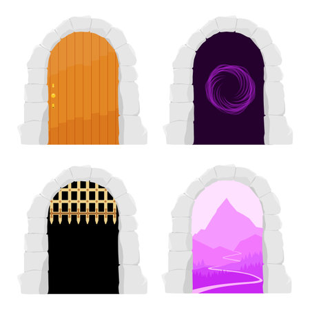 Cartoon portals. Magic fantasy game teleports. Castle wooden gate, medieval cartoon entrance grate, stone arch. Vintage architecture palace entry, ancient city element. Castle gate outdoor portalのイラスト素材