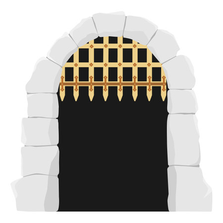 Castle wooden gate, medieval cartoon entrance grate, stone arch isolated on white background. Vintage architecture palace entry, ancient city element  Castle gate outdoor portalのイラスト素材