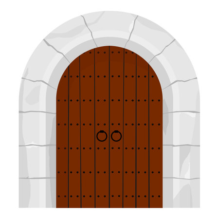 Medieval arch wooden closed castle double doors gate isolated on white background. Vector illustrationのイラスト素材