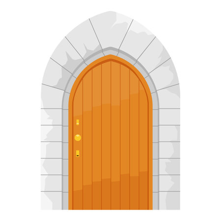 Medieval arch wooden closed castle gate door isolated on white background. Vector illustrationのイラスト素材