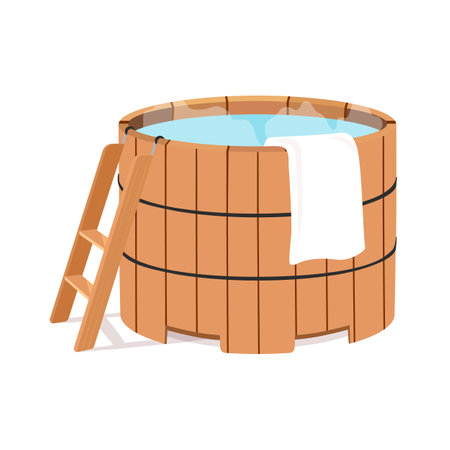 Wooden tub for bath. Wood tub with hot water rustic bath basin for wash sauna spa bathroom. Bathhouse  bathtube. Wellness spa procedures in wooden water barrelのイラスト素材