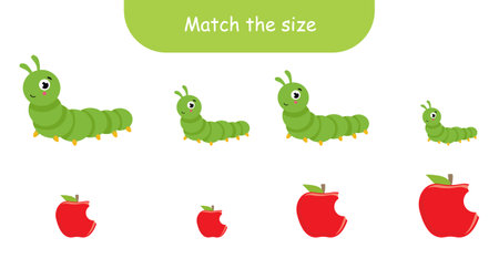 Match by size caterpillars and apples. Educational logical game for kids. Vector illustrationのイラスト素材