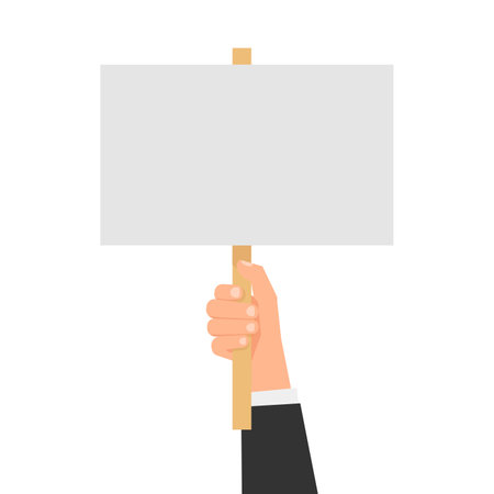Man hand holding placard. Struggle for rights concept. Picket sign. Propaganda poster. Empty protest sign. Vector illustrationのイラスト素材