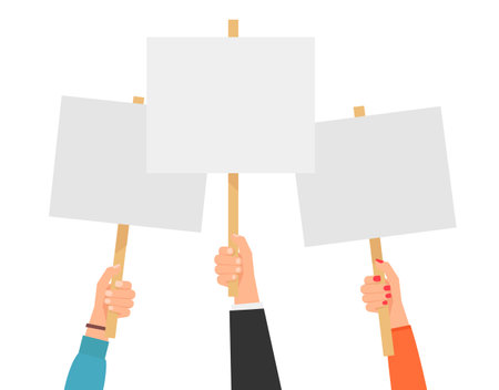 People holding placards. Struggle for rights concept. Picket signs. Propaganda posters. Empty protest signs. Vector illustrationのイラスト素材