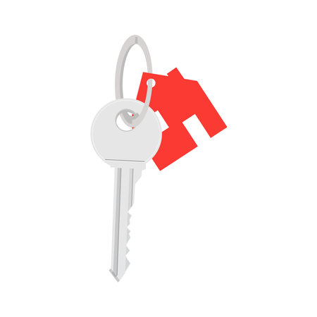 House key with red house shaped keychain isolated on white background. Vector illustrationのイラスト素材