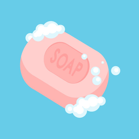 Bar of soap with foam isolated on blue background. Vector illustration.のイラスト素材