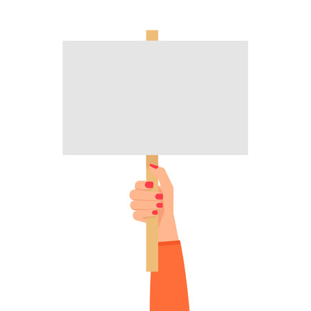 Woman hand holding placard. Struggle for rights concept. Picket sign. Propaganda poster. Empty protest sign. Vector illustrationのイラスト素材