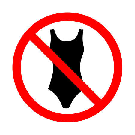 Nude beach summer sign isolated on white background. Forbidden enter in bikini swimwear. Warning women, men underwear red stop circle symbol. Vector illustrationのイラスト素材