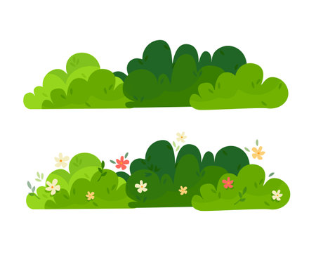 Set of bush on white background. Green bush blossom. Green grass set, collection. Vector illustrationのイラスト素材