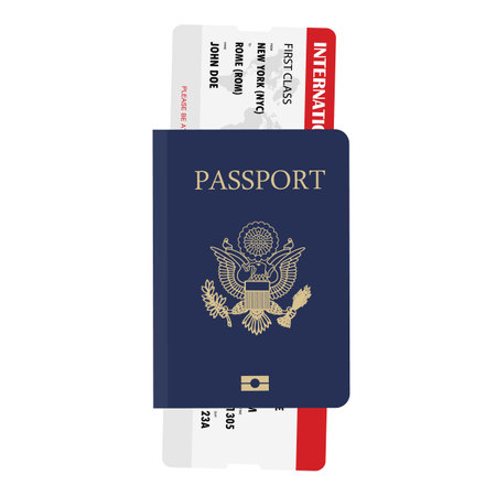 Passport with tickets vector illustation. Air travel concept. Blue international document pasport design. Citizenship ID for traveler isolated on white backgroundのイラスト素材