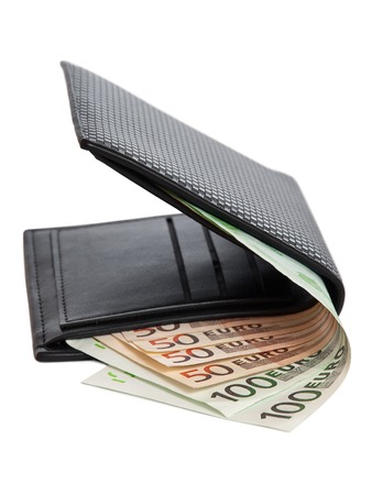 Banknote hundred and fifty euros are in black wallet isolated on white backgroundの写真素材
