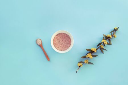 Pink Himalayan salt in a white bowl with wooden spoon and spring flowering twig on blue background. Top view, flat lay, copy space.の写真素材