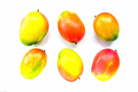 Six fresh ripe yellow, red, green mango fruits isolated on white background, top view.の写真素材